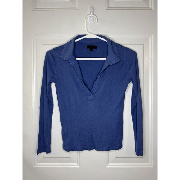 J.CREW Ribbed Vneck Collared Long Sleeve Cropped T-Shirt Y2k 90’s XS Lightweight - Picture 1 of 8